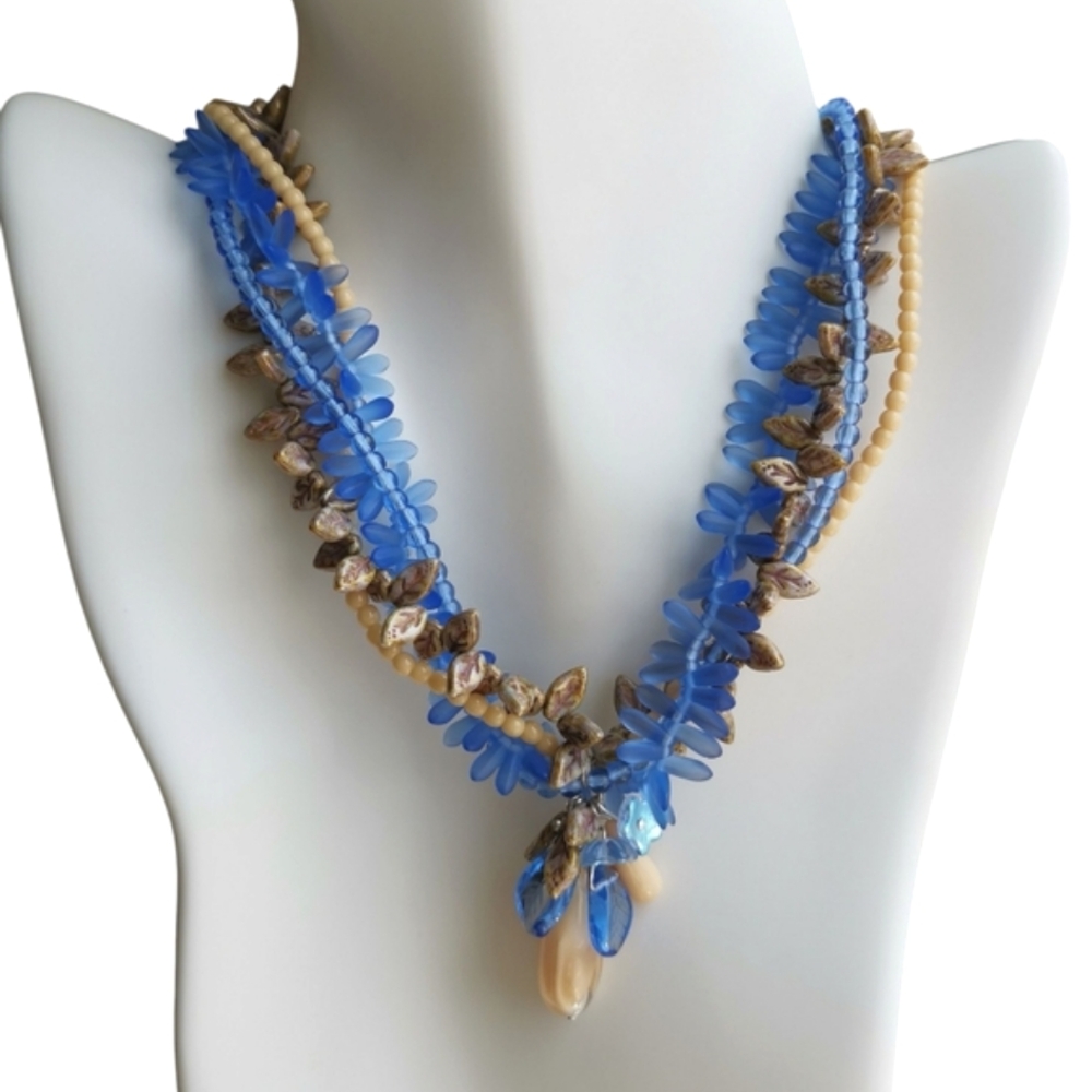 Vintage Czech Art Glass Fire Polished Bead Necklace Blue Beige